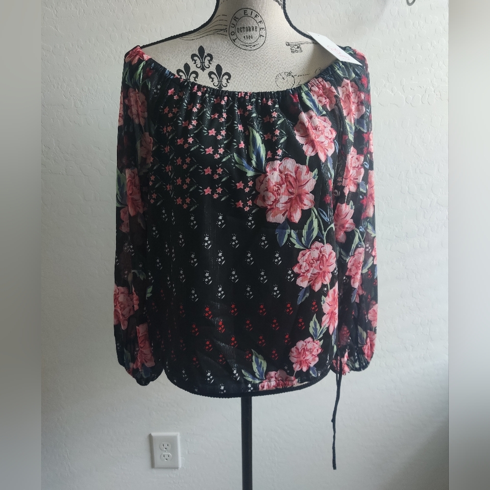 🆕 Devlin Floral off the shoulder oversized puff sleeves boho blouse keyhole_XS